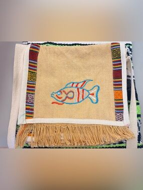 Handwoven Beige Fish Embroidered Satchel with Colorful Trim